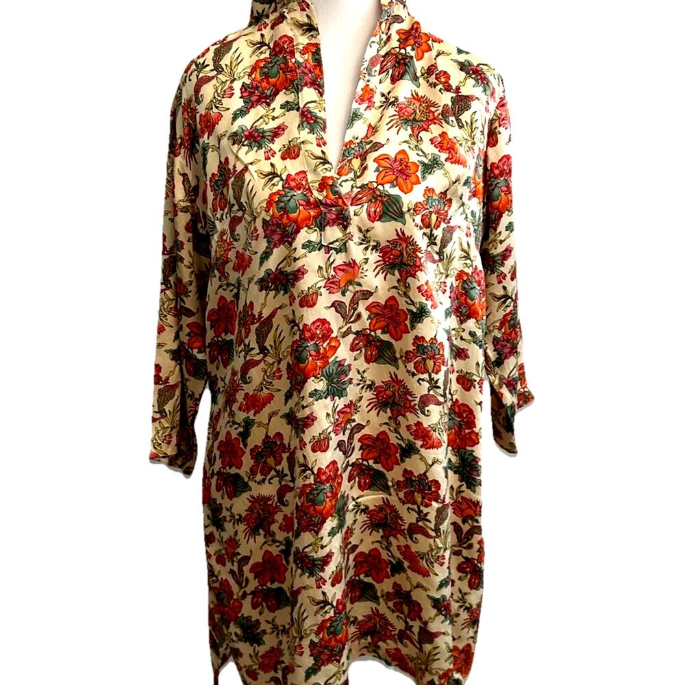 VINTAGE 100% Silk Women's M Tunic Kaftan 1960s 70s Old Money Granny Snap Buttons